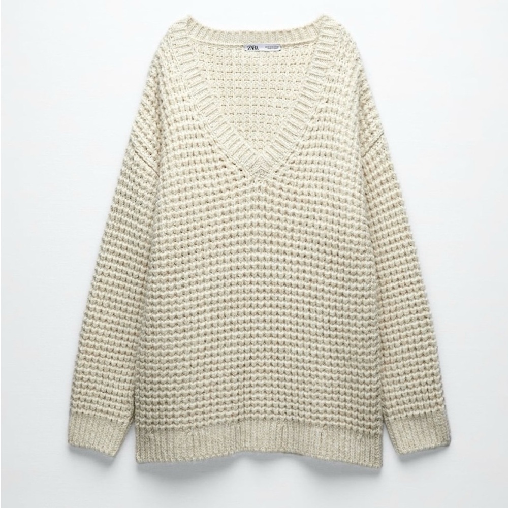 Zara Chunky Oversized Knit V-Neck Warm Cozy Soft Cream Sweater Size Large - Picture 5 of 12